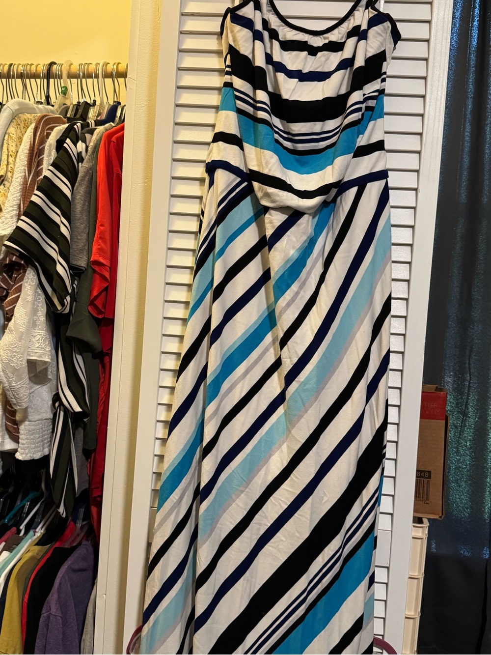 White House Black Market Blue, Black and White Striped Maxi Dress